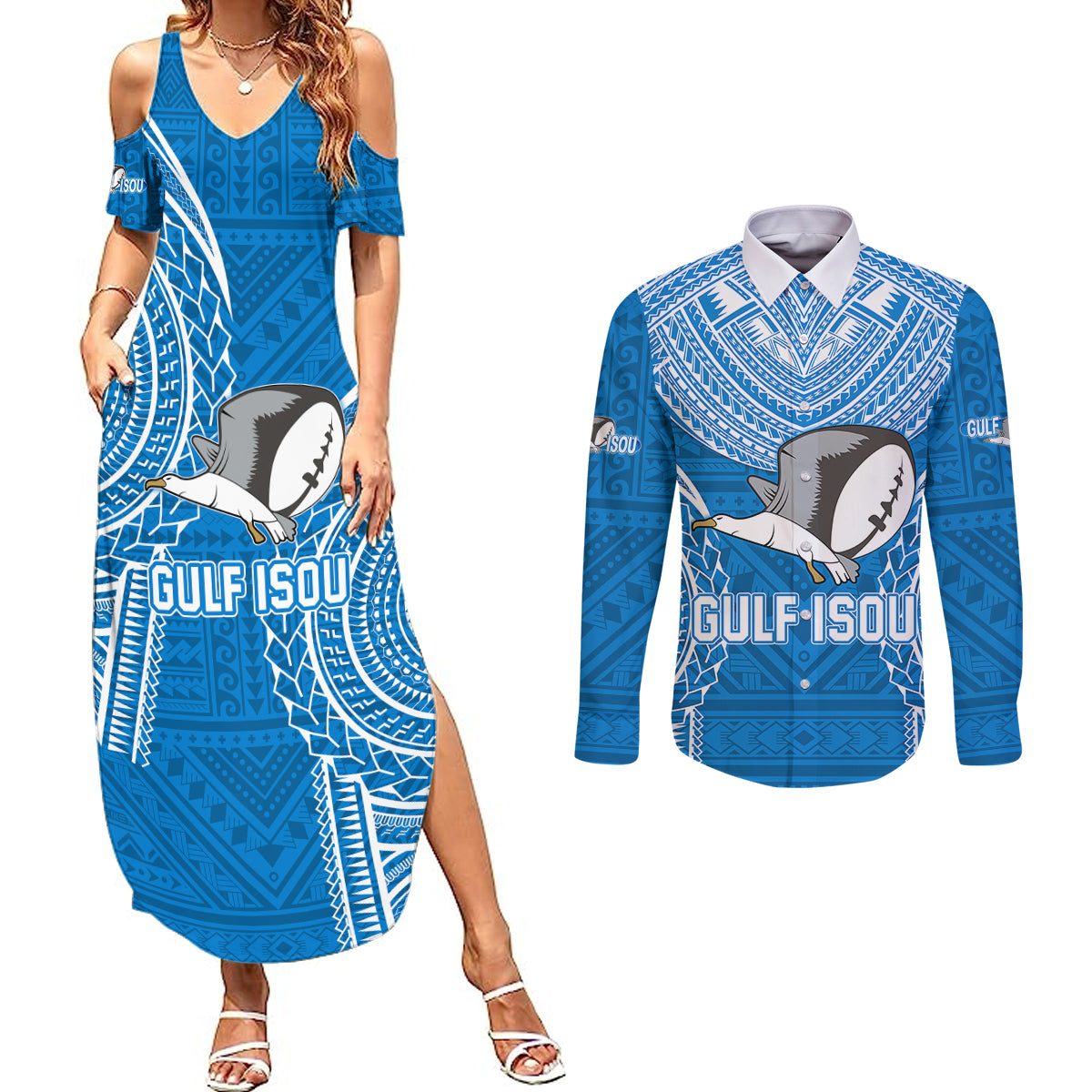 Custom Gulf Isou Rugby Couples Matching Summer Maxi Dress and Long Sleeve Button Shirts Papua New Guinea Polynesian Tattoo LT03 Blue - Polynesian Pride