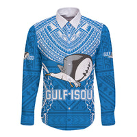 Custom Gulf Isou Rugby Long Sleeve Button Shirt Papua New Guinea Polynesian Tattoo LT03 Unisex Blue - Polynesian Pride