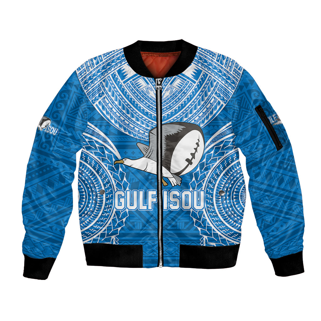 Custom Gulf Isou Rugby Sleeve Zip Bomber Jacket Papua New Guinea Polynesian Tattoo LT03 Unisex Blue - Polynesian Pride