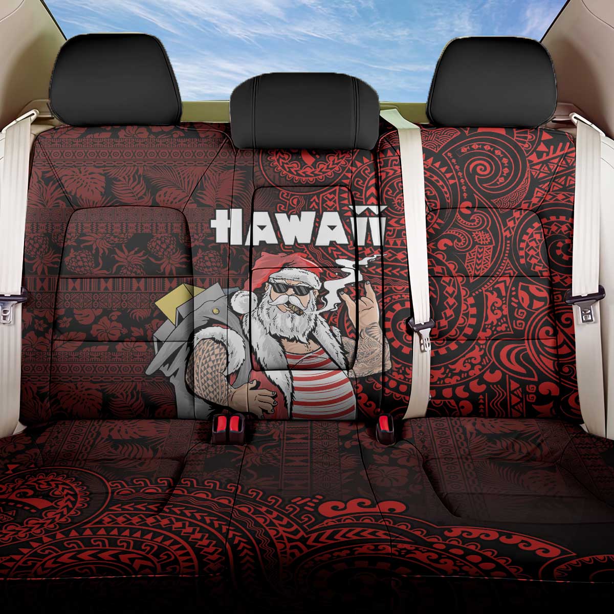 Hawaii Aloha Santa Claus Funny Polynesian Tattoo Back Car Seat Cover Red Color