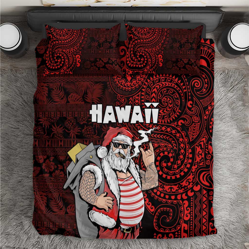 Hawaii Aloha Santa Claus Funny Polynesian Tattoo Bedding Set Red Color