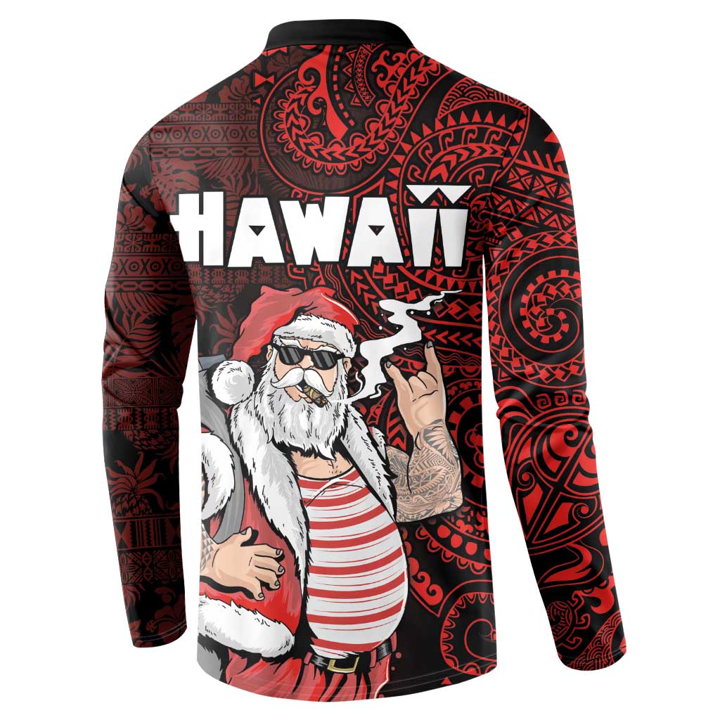 Hawaii Aloha Santa Claus Funny Polynesian Tattoo Button Sweatshirt Red Color