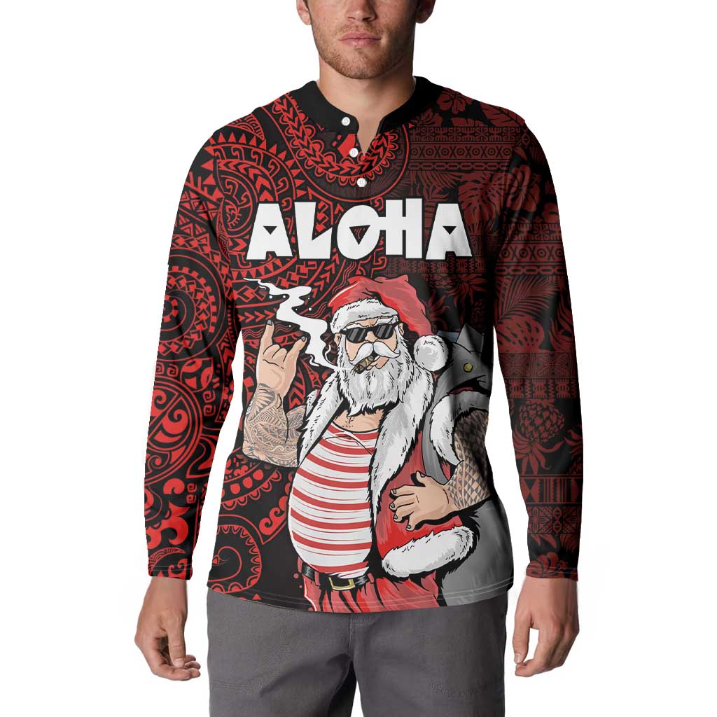 Hawaii Aloha Santa Claus Funny Polynesian Tattoo Button Sweatshirt Red Color