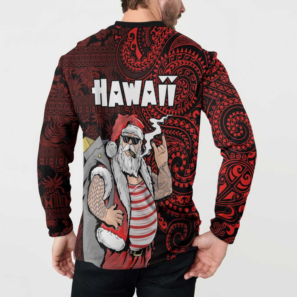 Hawaii Aloha Santa Claus Funny Polynesian Tattoo Button Sweatshirt Red Color