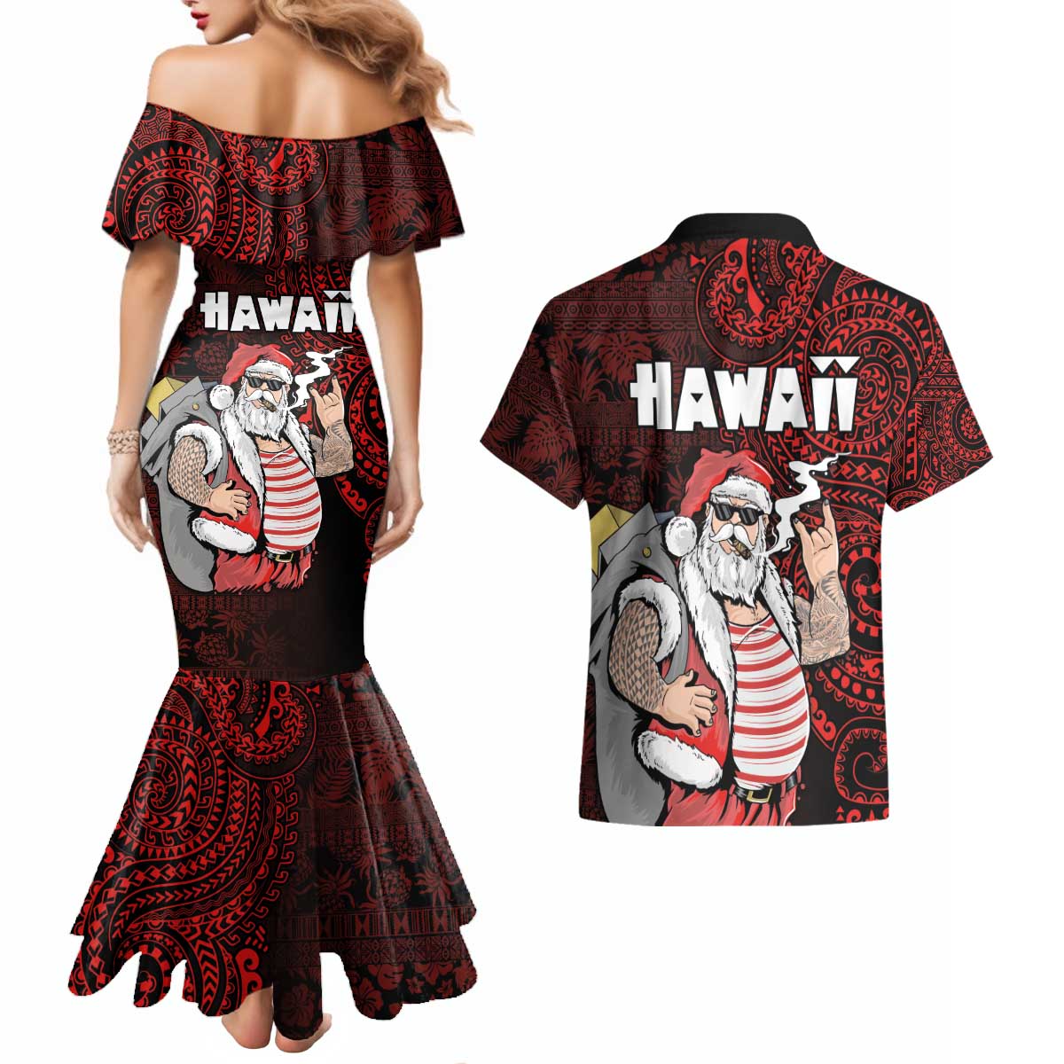 Hawaii Aloha Santa Claus Funny Polynesian Tattoo Couples Matching Mermaid Dress and Hawaiian Shirt Red Color LT03 - Polynesian Pride