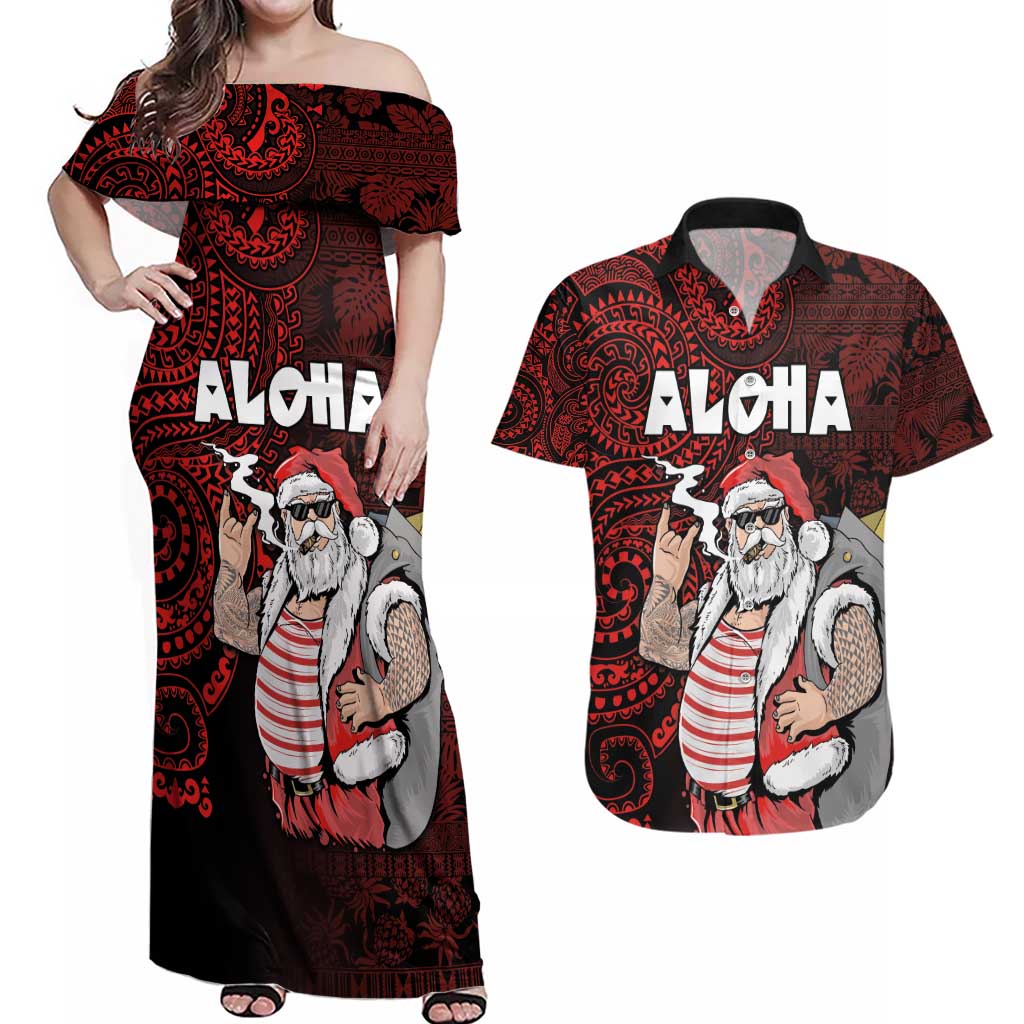 Hawaii Aloha Santa Claus Funny Polynesian Tattoo Couples Matching Off Shoulder Maxi Dress and Hawaiian Shirt Red Color