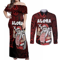 Hawaii Aloha Santa Claus Funny Polynesian Tattoo Couples Matching Off Shoulder Maxi Dress and Long Sleeve Button Shirt Red Color