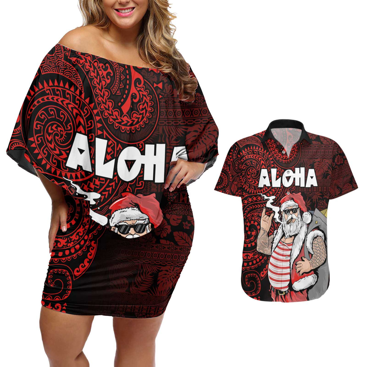 Hawaii Aloha Santa Claus Funny Polynesian Tattoo Couples Matching Off Shoulder Short Dress and Hawaiian Shirt Red Color