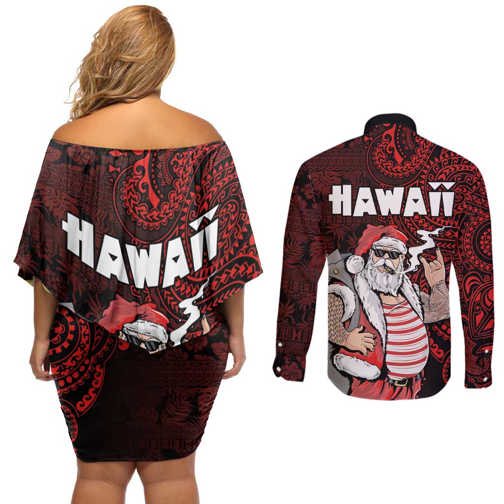 Hawaii Aloha Santa Claus Funny Polynesian Tattoo Couples Matching Off Shoulder Short Dress and Long Sleeve Button Shirt Red Color