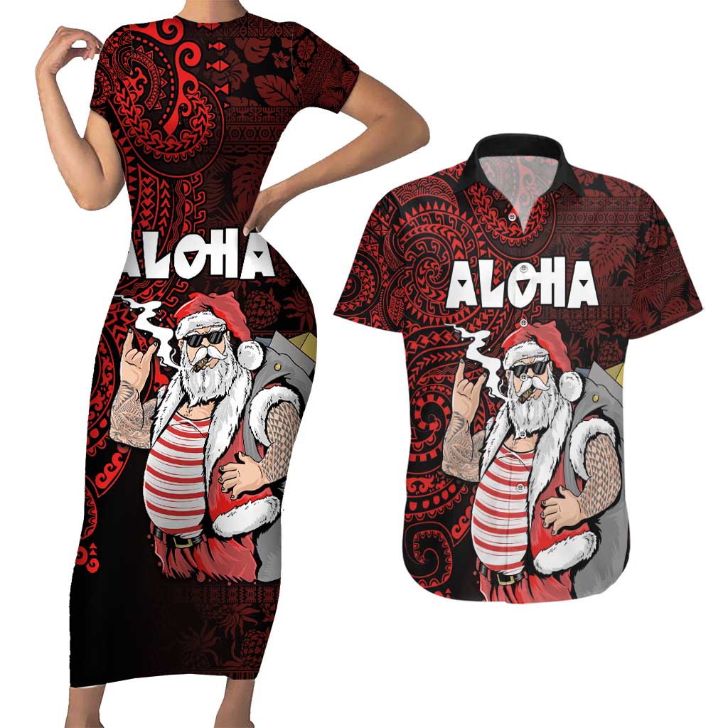 Hawaii Aloha Santa Claus Funny Polynesian Tattoo Couples Matching Short Sleeve Bodycon Dress and Hawaiian Shirt Red Color