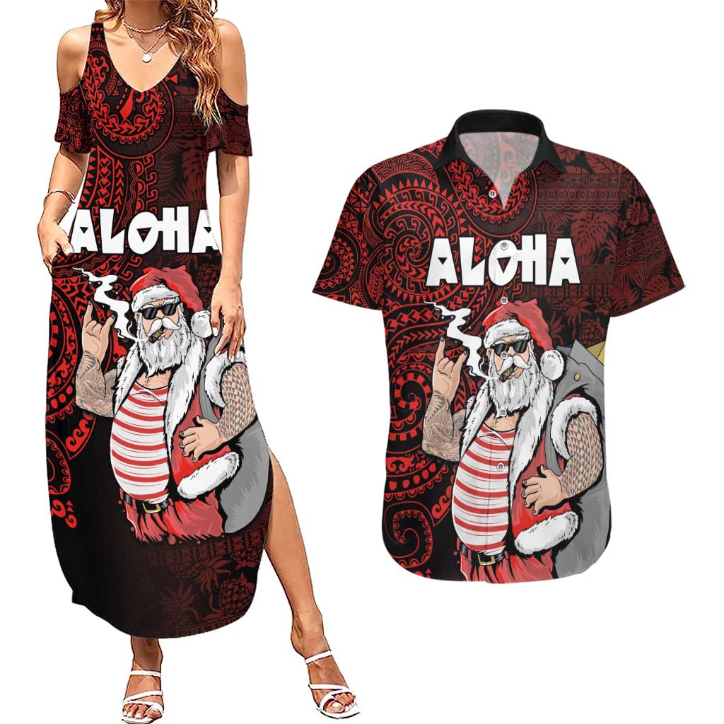Hawaii Aloha Santa Claus Funny Polynesian Tattoo Couples Matching Summer Maxi Dress and Hawaiian Shirt Red Color