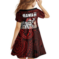 Hawaii Aloha Santa Claus Funny Polynesian Tattoo Family Matching Off Shoulder Short Dress and Hawaiian Shirt Red Color