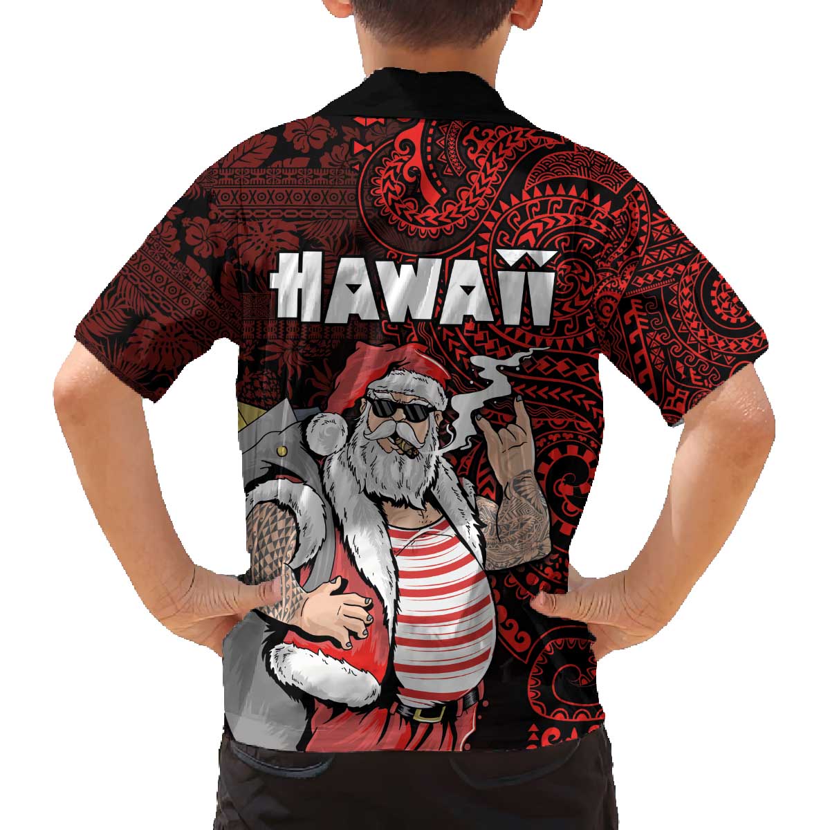 Hawaii Aloha Santa Claus Funny Polynesian Tattoo Family Matching Puletasi and Hawaiian Shirt Red Color LT03 - Polynesian Pride