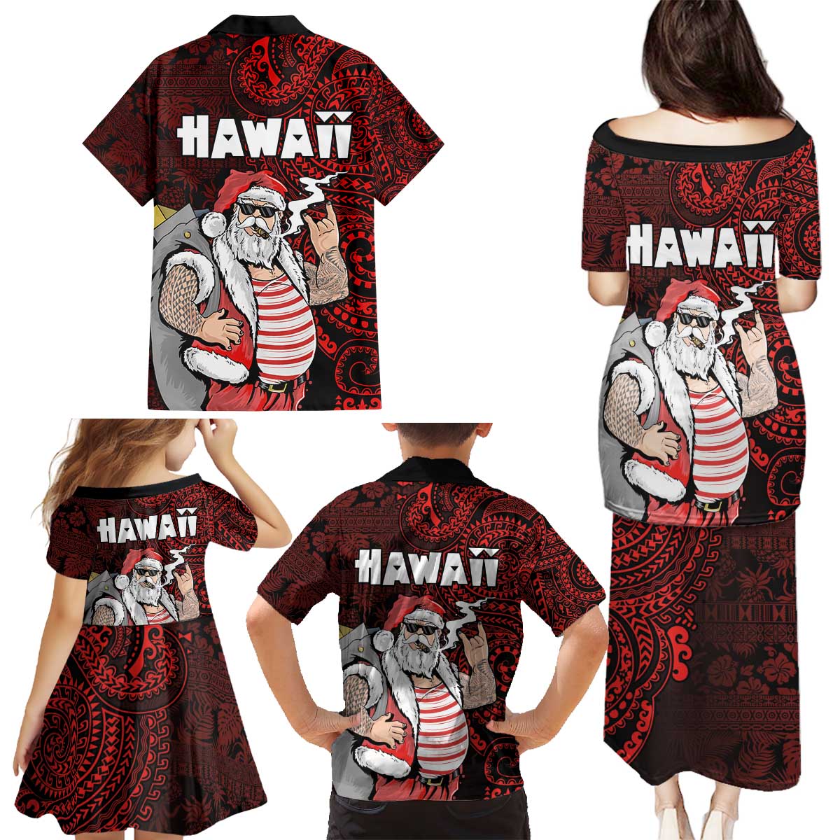 Hawaii Aloha Santa Claus Funny Polynesian Tattoo Family Matching Puletasi and Hawaiian Shirt Red Color LT03 - Polynesian Pride