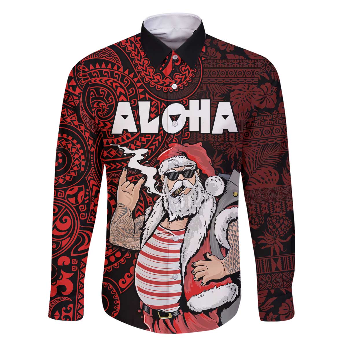 Hawaii Aloha Santa Claus Funny Polynesian Tattoo Family Matching Puletasi and Hawaiian Shirt Red Color LT03 Dad's Shirt - Long Sleeve Red - Polynesian Pride