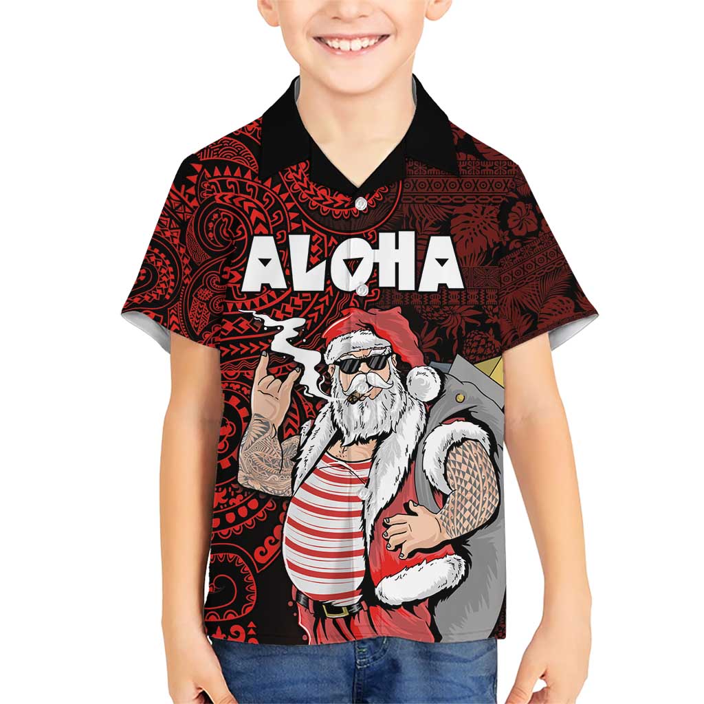 Hawaii Aloha Santa Claus Funny Polynesian Tattoo Family Matching Short Sleeve Bodycon Dress and Hawaiian Shirt Red Color
