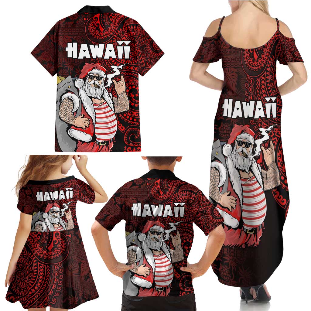 Hawaii Aloha Santa Claus Funny Polynesian Tattoo Family Matching Summer Maxi Dress and Hawaiian Shirt Red Color