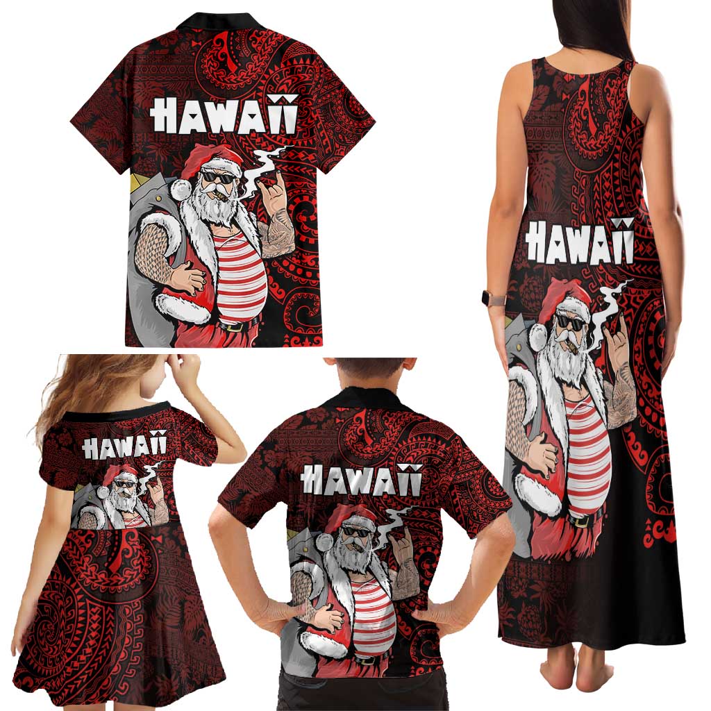 Hawaii Aloha Santa Claus Funny Polynesian Tattoo Family Matching Tank Maxi Dress and Hawaiian Shirt Red Color