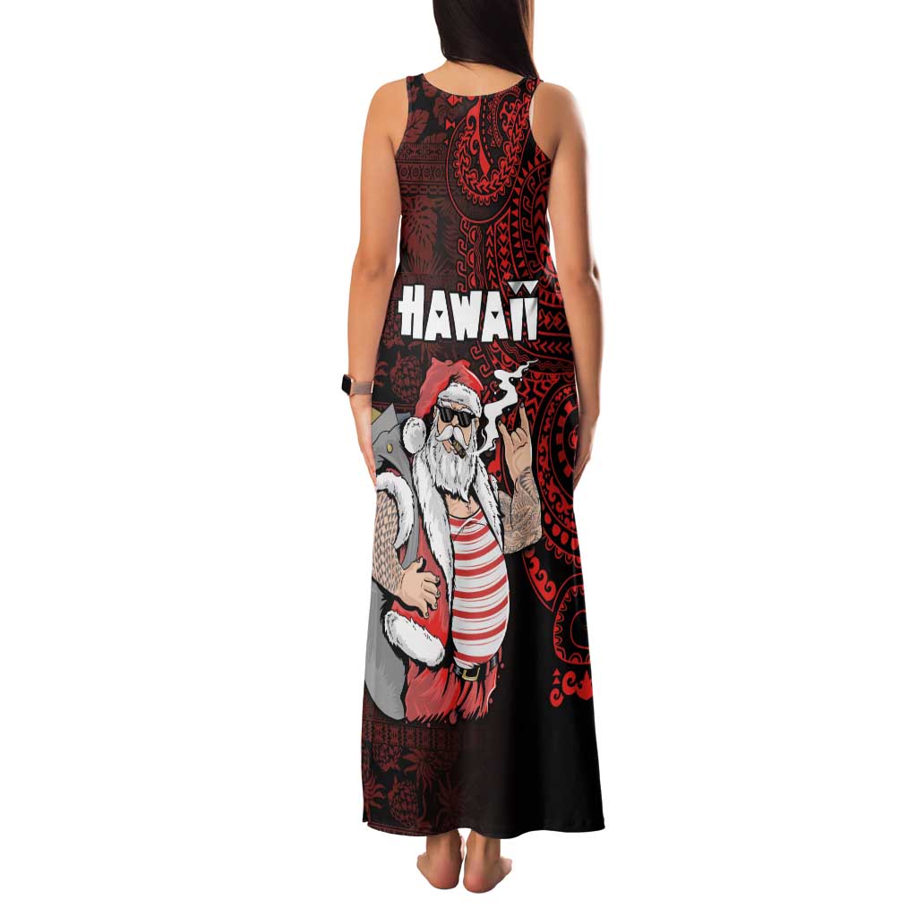 Hawaii Aloha Santa Claus Funny Polynesian Tattoo Family Matching Tank Maxi Dress and Hawaiian Shirt Red Color