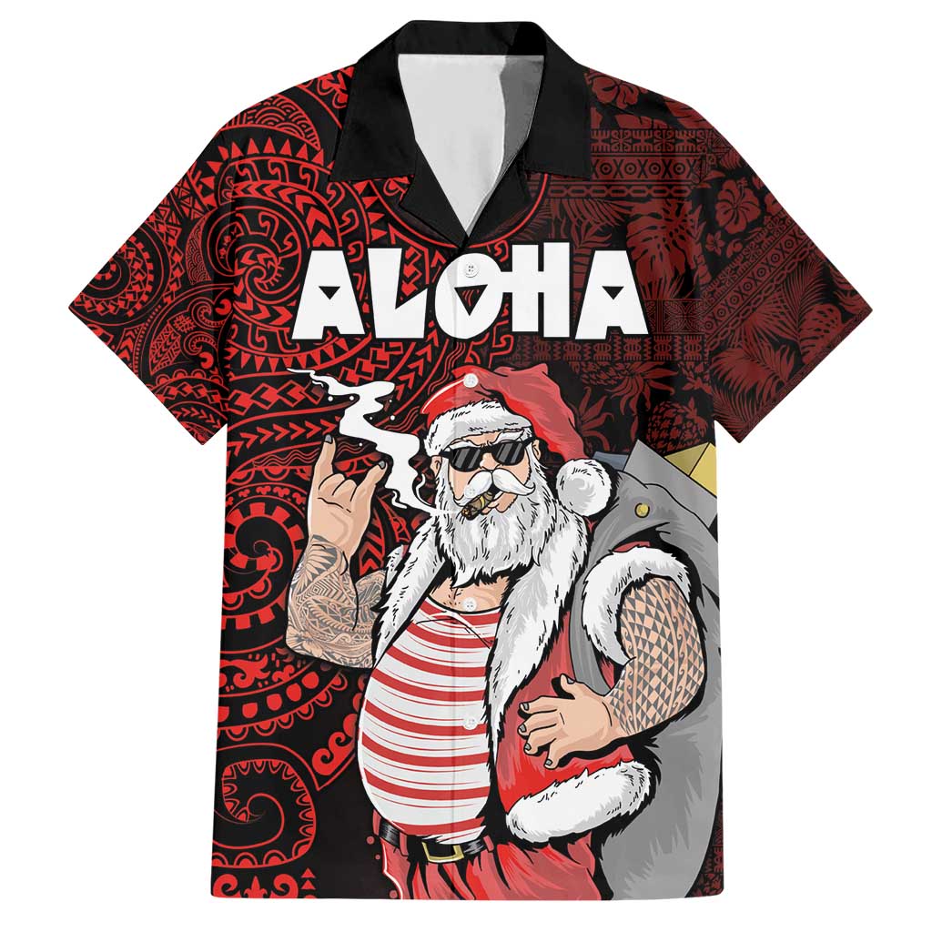 Hawaii Aloha Santa Claus Funny Polynesian Tattoo Hawaiian Shirt Red Color