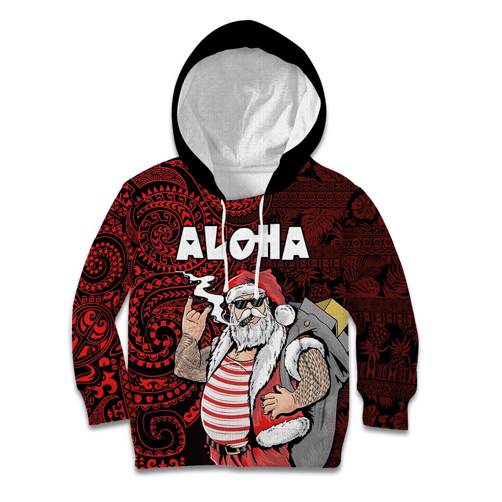 Hawaii Aloha Santa Claus Funny Polynesian Tattoo Kid Hoodie Red Color