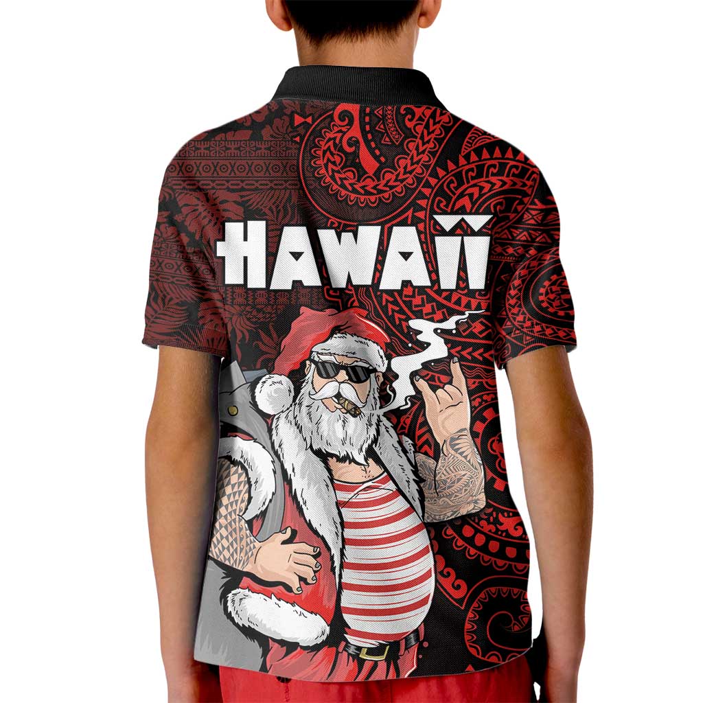 Hawaii Aloha Santa Claus Funny Polynesian Tattoo Kid Polo Shirt Red Color
