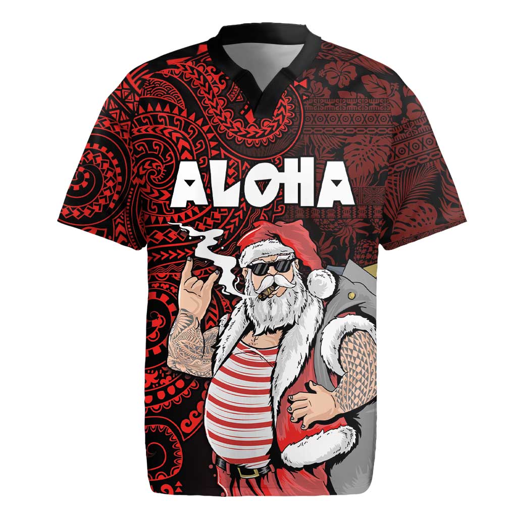 Hawaii Aloha Santa Claus Funny Polynesian Tattoo Rugby Jersey Red Color