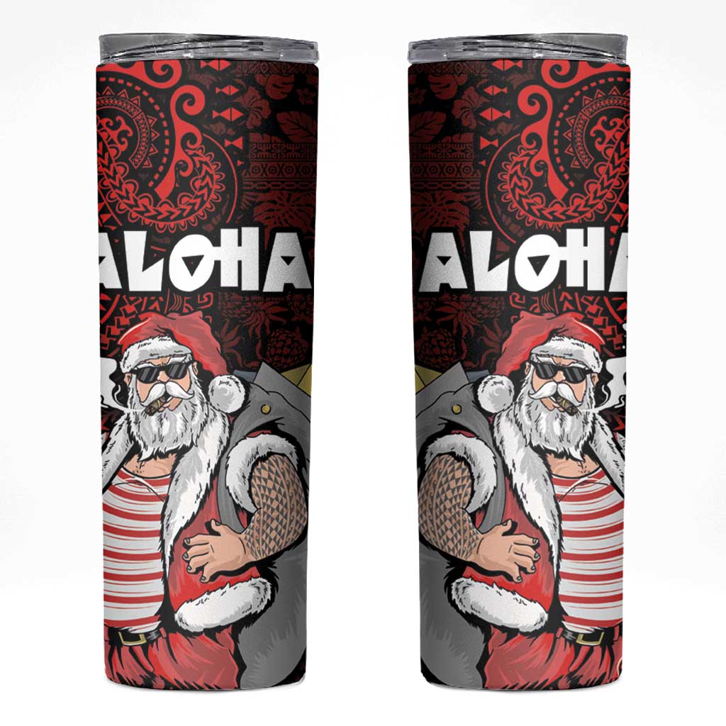 Hawaii Aloha Santa Claus Funny Polynesian Tattoo Skinny Tumbler Red Color