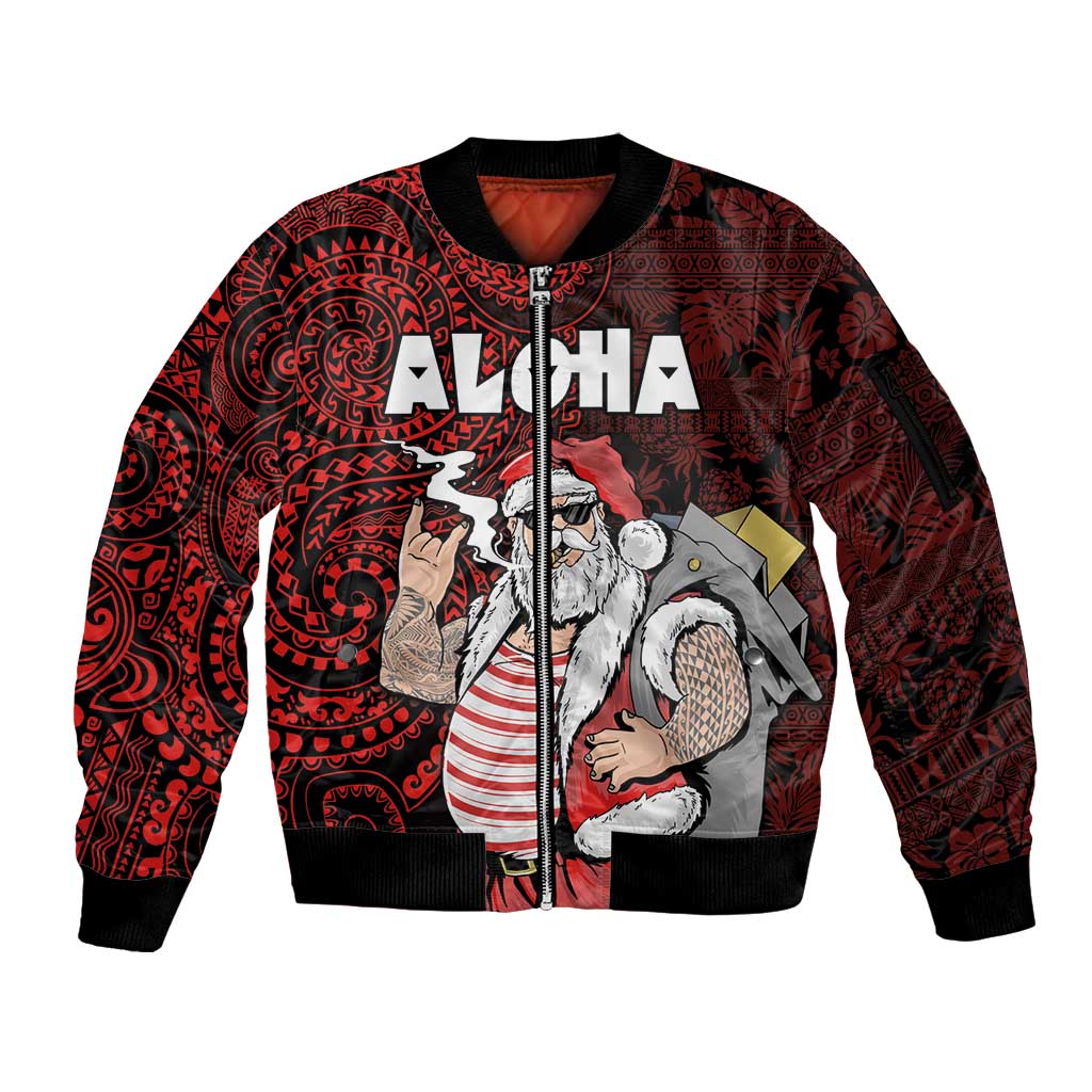 Hawaii Aloha Santa Claus Funny Polynesian Tattoo Sleeve Zip Bomber Jacket Red Color LT03 Unisex Red - Polynesian Pride