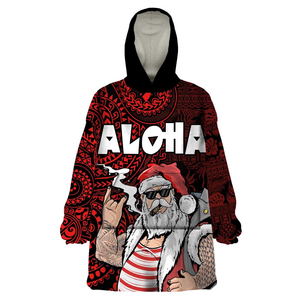 Hawaii Aloha Santa Claus Funny Polynesian Tattoo Wearable Blanket Hoodie Red Color