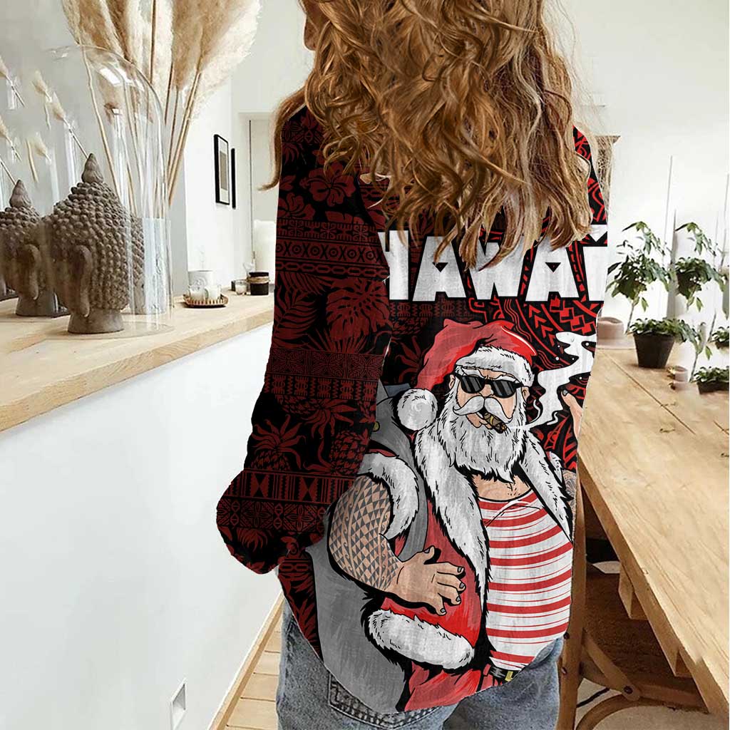 Hawaii Aloha Santa Claus Funny Polynesian Tattoo Women Casual Shirt Red Color