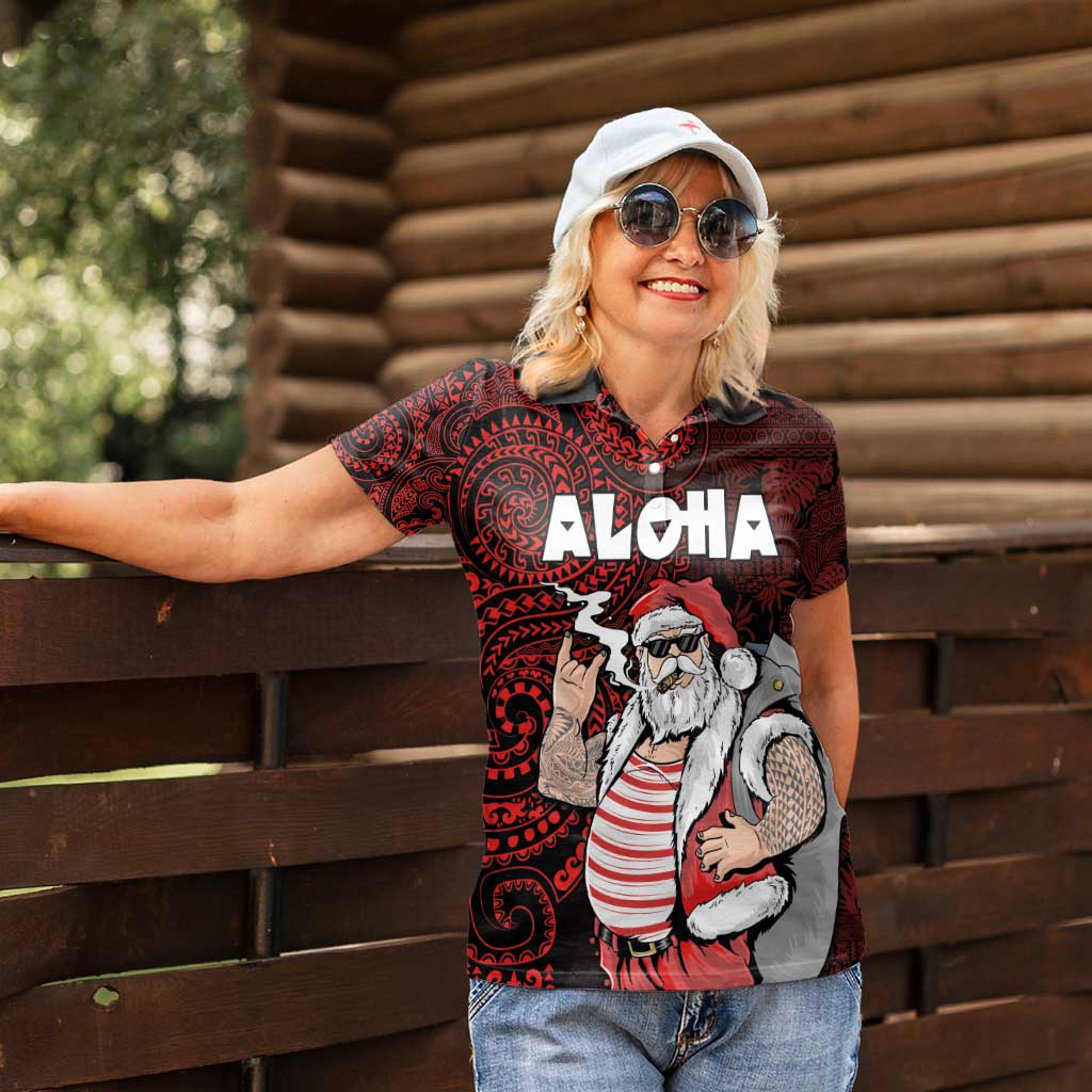 Hawaii Aloha Santa Claus Funny Polynesian Tattoo Women Polo Shirt Red Color