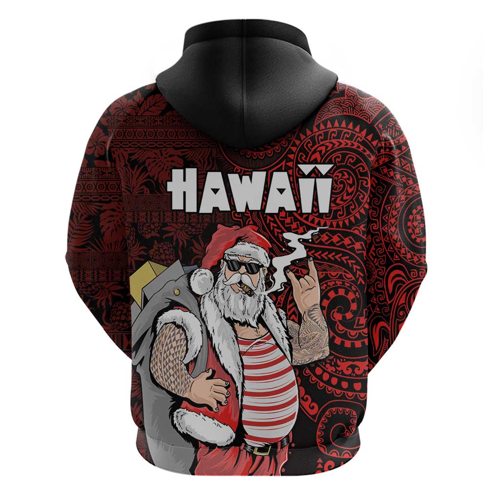 Hawaii Aloha Santa Claus Funny Polynesian Tattoo Zip Hoodie Red Color