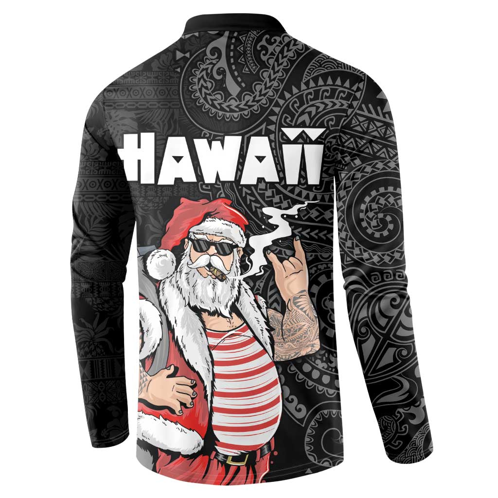 Hawaii Aloha Santa Claus Funny Polynesian Tattoo Button Sweatshirt Black Color