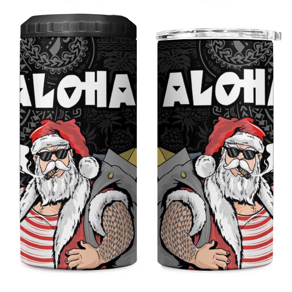 Hawaii Aloha Santa Claus Funny Polynesian Tattoo 4 in 1 Can Cooler Tumbler Black Color