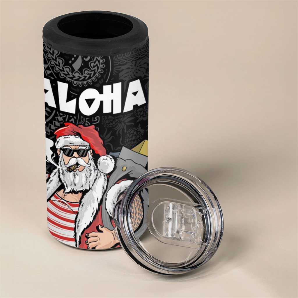Hawaii Aloha Santa Claus Funny Polynesian Tattoo 4 in 1 Can Cooler Tumbler Black Color