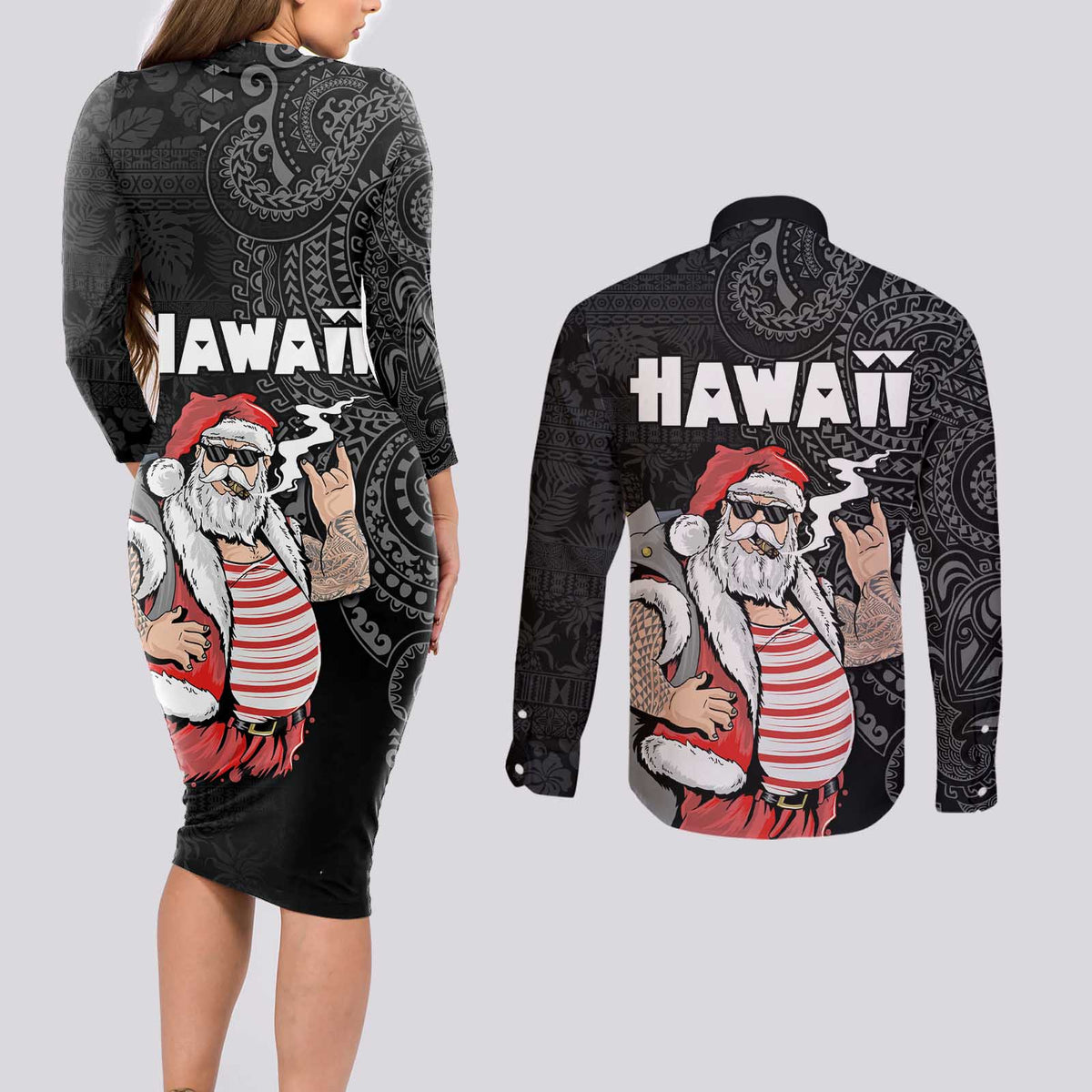 Hawaii Aloha Santa Claus Funny Polynesian Tattoo Couples Matching Long Sleeve Bodycon Dress and Long Sleeve Button Shirt Black Color