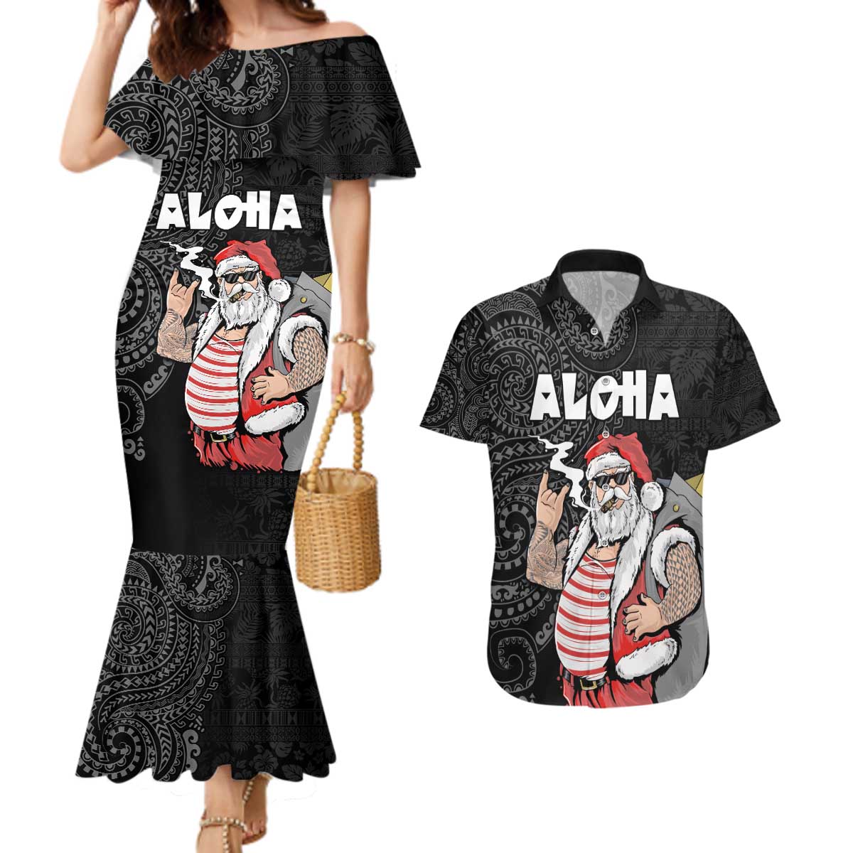 Hawaii Aloha Santa Claus Funny Polynesian Tattoo Couples Matching Mermaid Dress and Hawaiian Shirt Black Color LT03 Black - Polynesian Pride