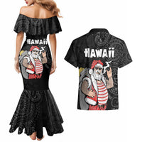 Hawaii Aloha Santa Claus Funny Polynesian Tattoo Couples Matching Mermaid Dress and Hawaiian Shirt Black Color LT03 - Polynesian Pride