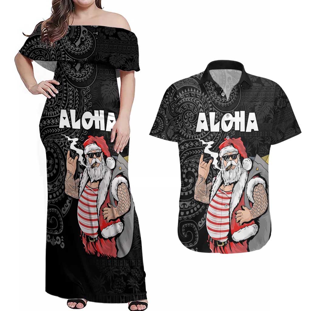 Hawaii Aloha Santa Claus Funny Polynesian Tattoo Couples Matching Off Shoulder Maxi Dress and Hawaiian Shirt Black Color