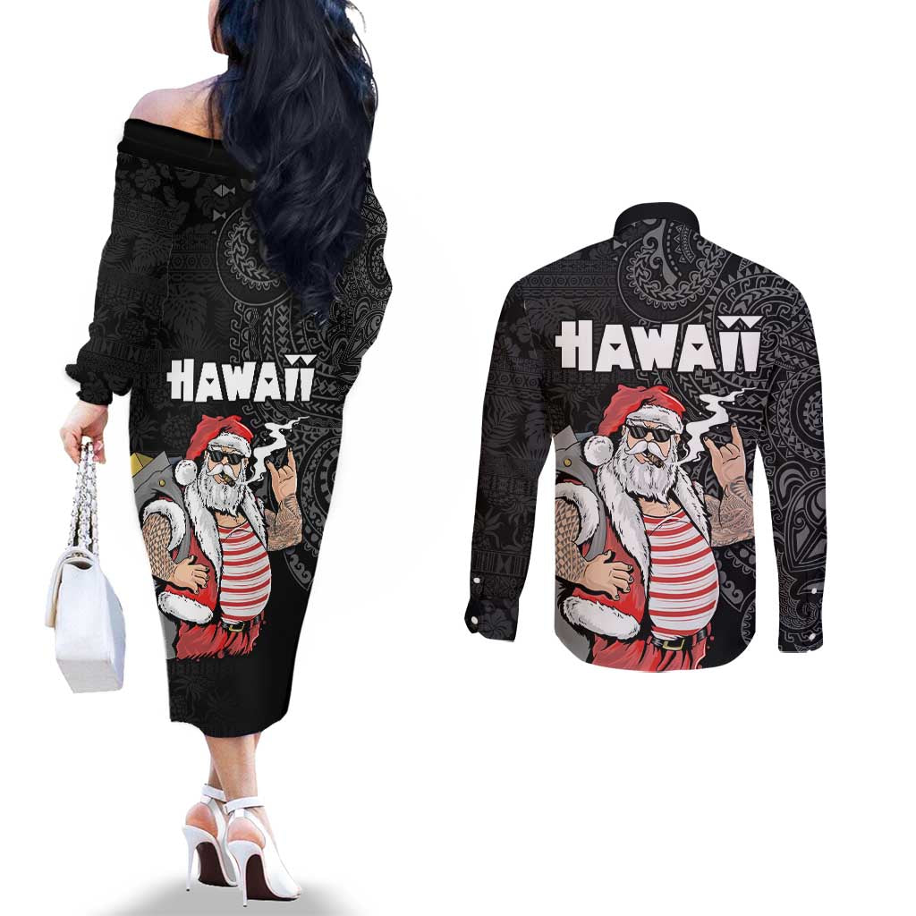 Hawaii Aloha Santa Claus Funny Polynesian Tattoo Couples Matching Off The Shoulder Long Sleeve Dress and Long Sleeve Button Shirt Black Color