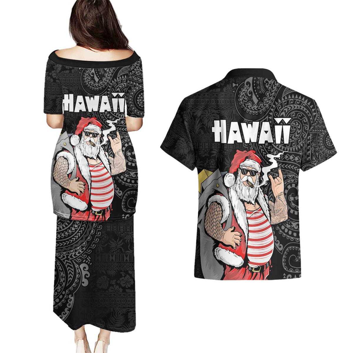 Hawaii Aloha Santa Claus Funny Polynesian Tattoo Couples Matching Puletasi and Hawaiian Shirt Black Color