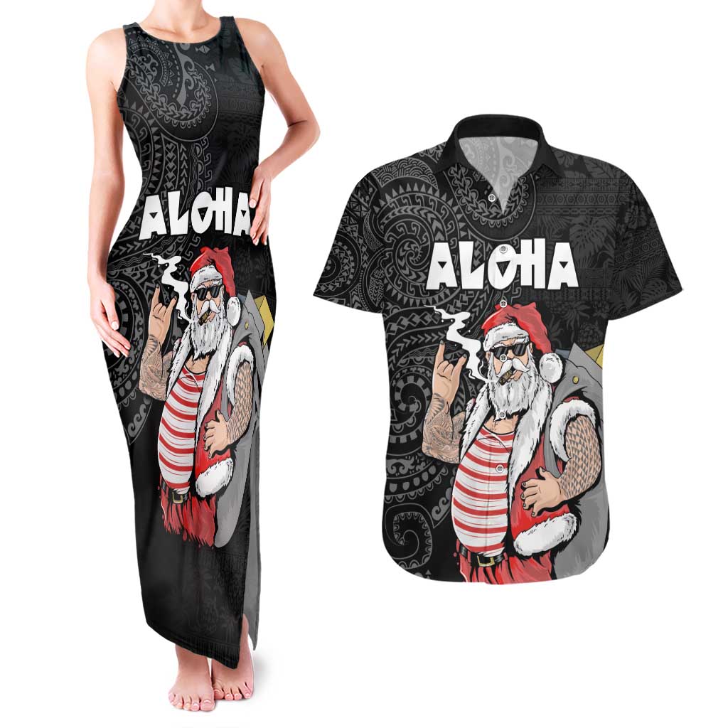 Hawaii Aloha Santa Claus Funny Polynesian Tattoo Couples Matching Tank Maxi Dress and Hawaiian Shirt Black Color