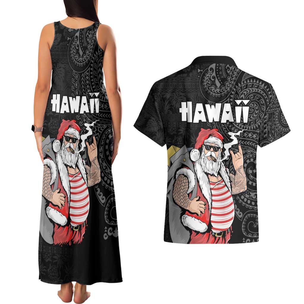 Hawaii Aloha Santa Claus Funny Polynesian Tattoo Couples Matching Tank Maxi Dress and Hawaiian Shirt Black Color