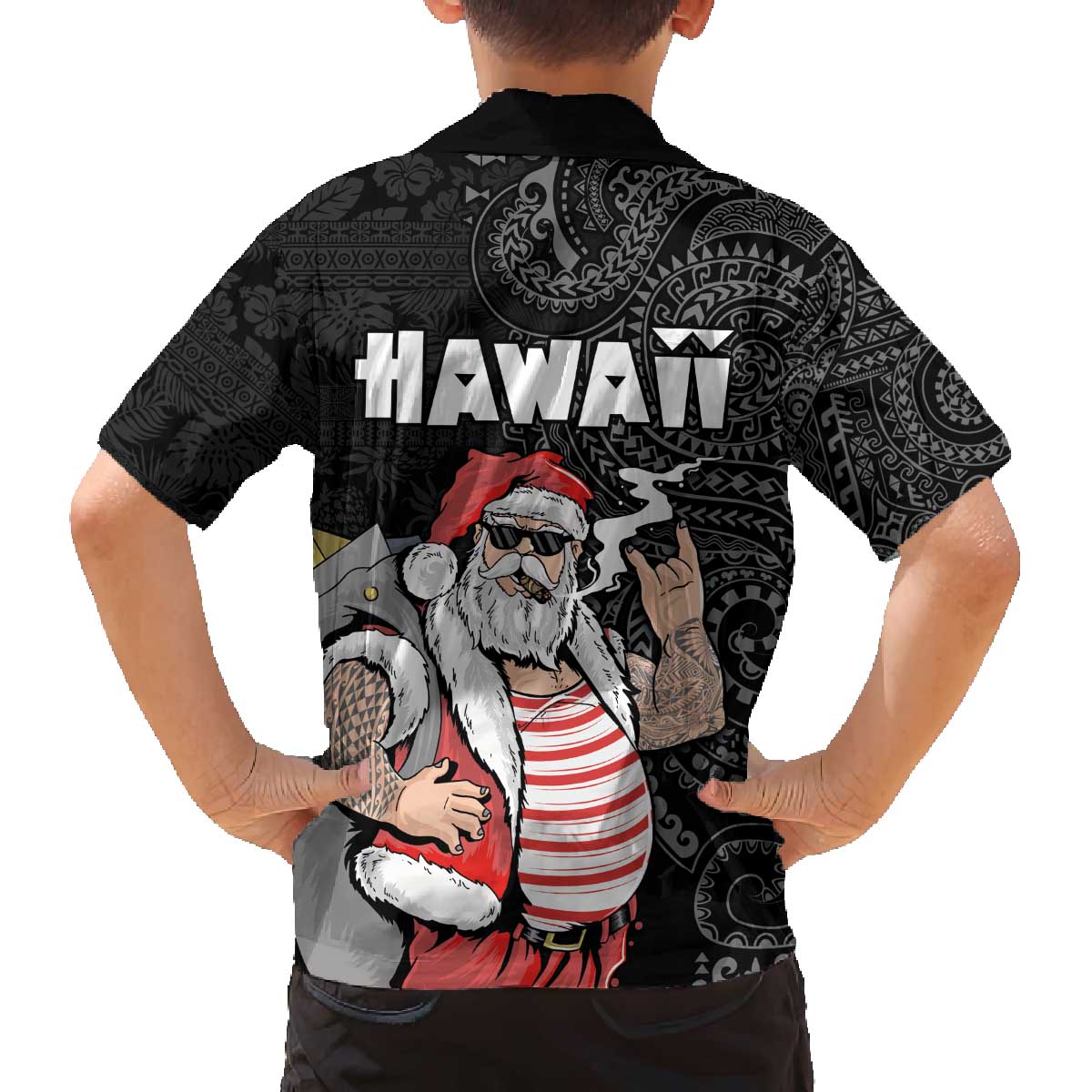 Hawaii Aloha Santa Claus Funny Polynesian Tattoo Family Matching Puletasi and Hawaiian Shirt Black Color LT03 - Polynesian Pride