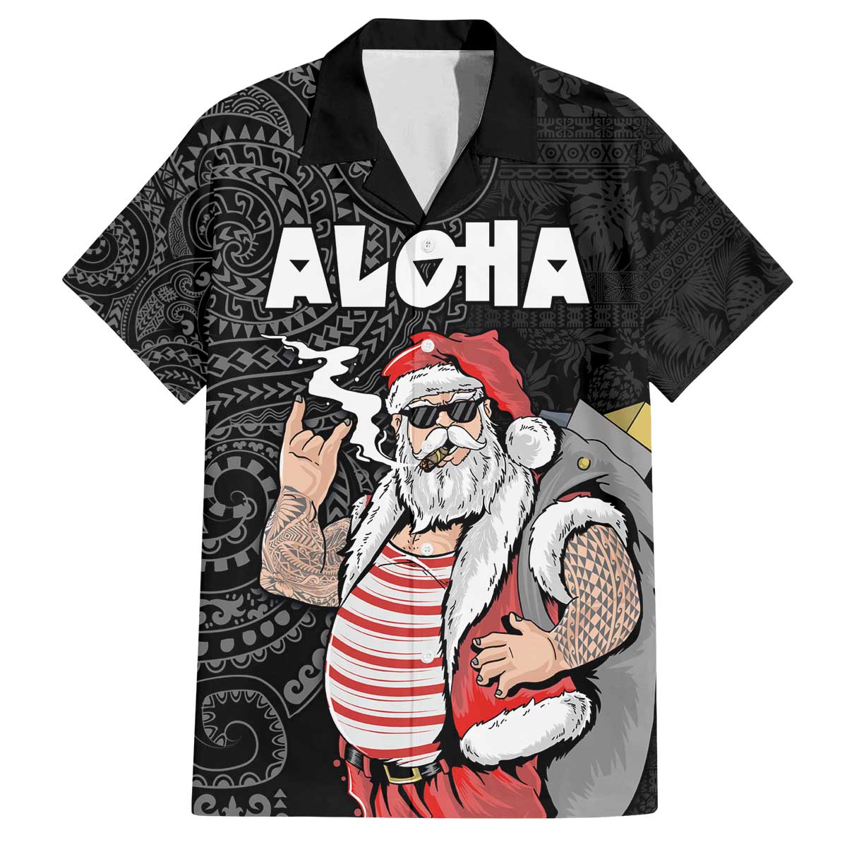 Hawaii Aloha Santa Claus Funny Polynesian Tattoo Family Matching Puletasi and Hawaiian Shirt Black Color LT03 Dad's Shirt - Short Sleeve Black - Polynesian Pride