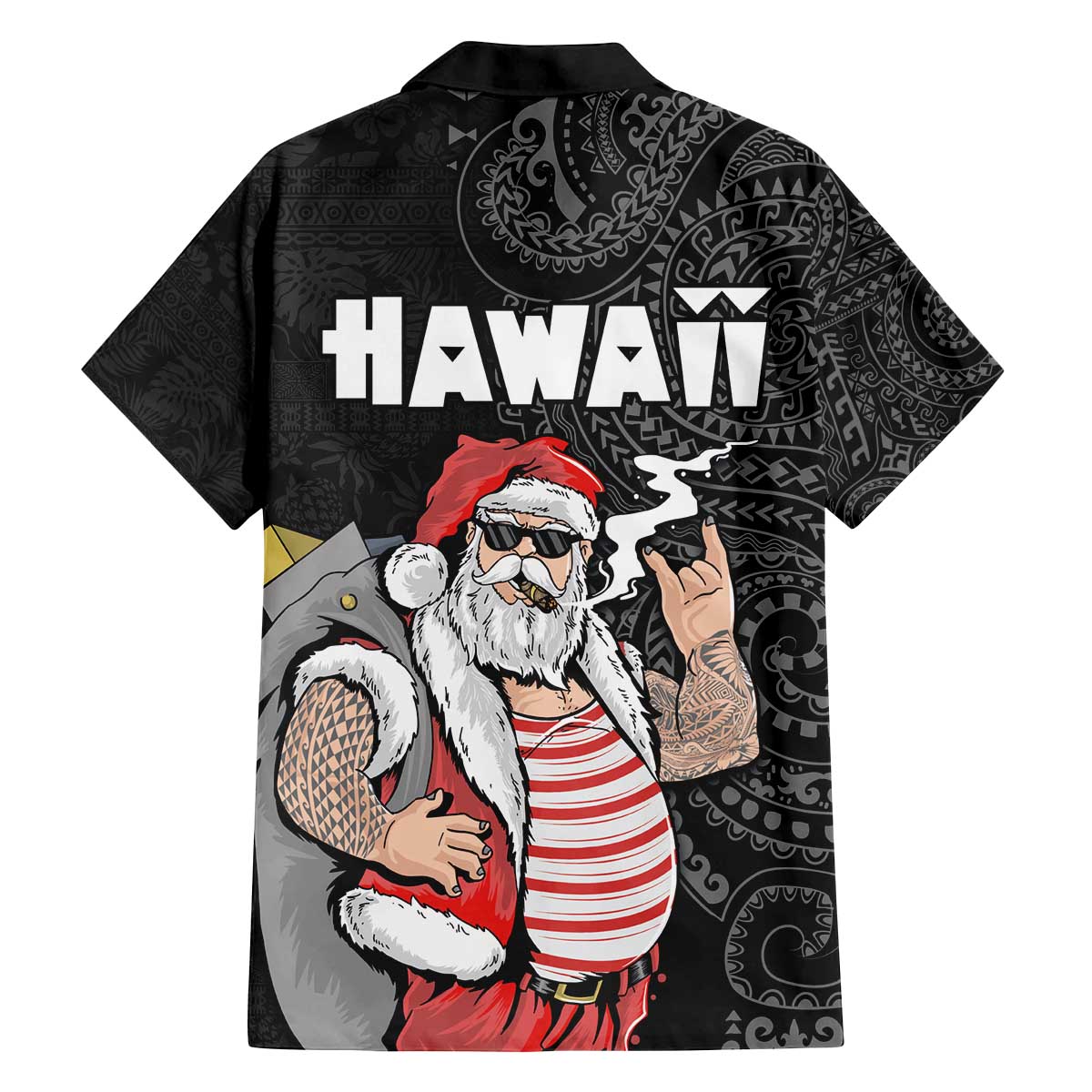 Hawaii Aloha Santa Claus Funny Polynesian Tattoo Family Matching Puletasi and Hawaiian Shirt Black Color LT03 - Polynesian Pride