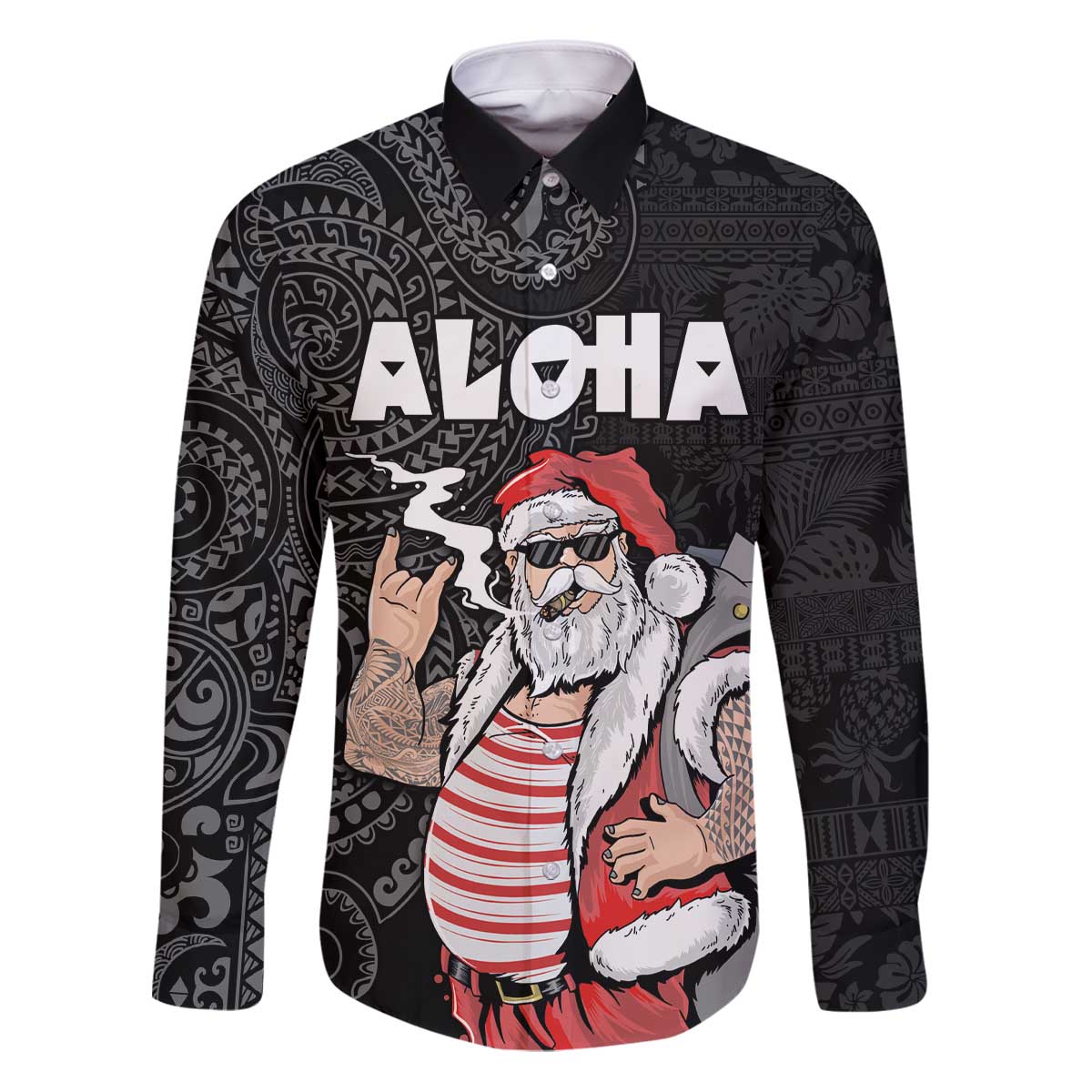 Hawaii Aloha Santa Claus Funny Polynesian Tattoo Family Matching Puletasi and Hawaiian Shirt Black Color LT03 Dad's Shirt - Long Sleeve Black - Polynesian Pride