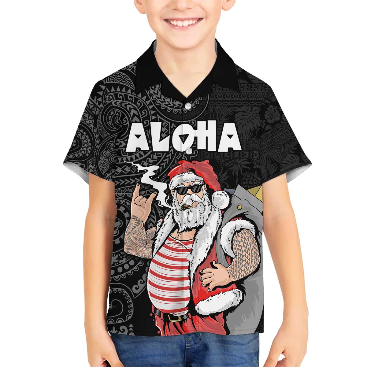 Hawaii Aloha Santa Claus Funny Polynesian Tattoo Family Matching Puletasi and Hawaiian Shirt Black Color LT03 Son's Shirt Black - Polynesian Pride