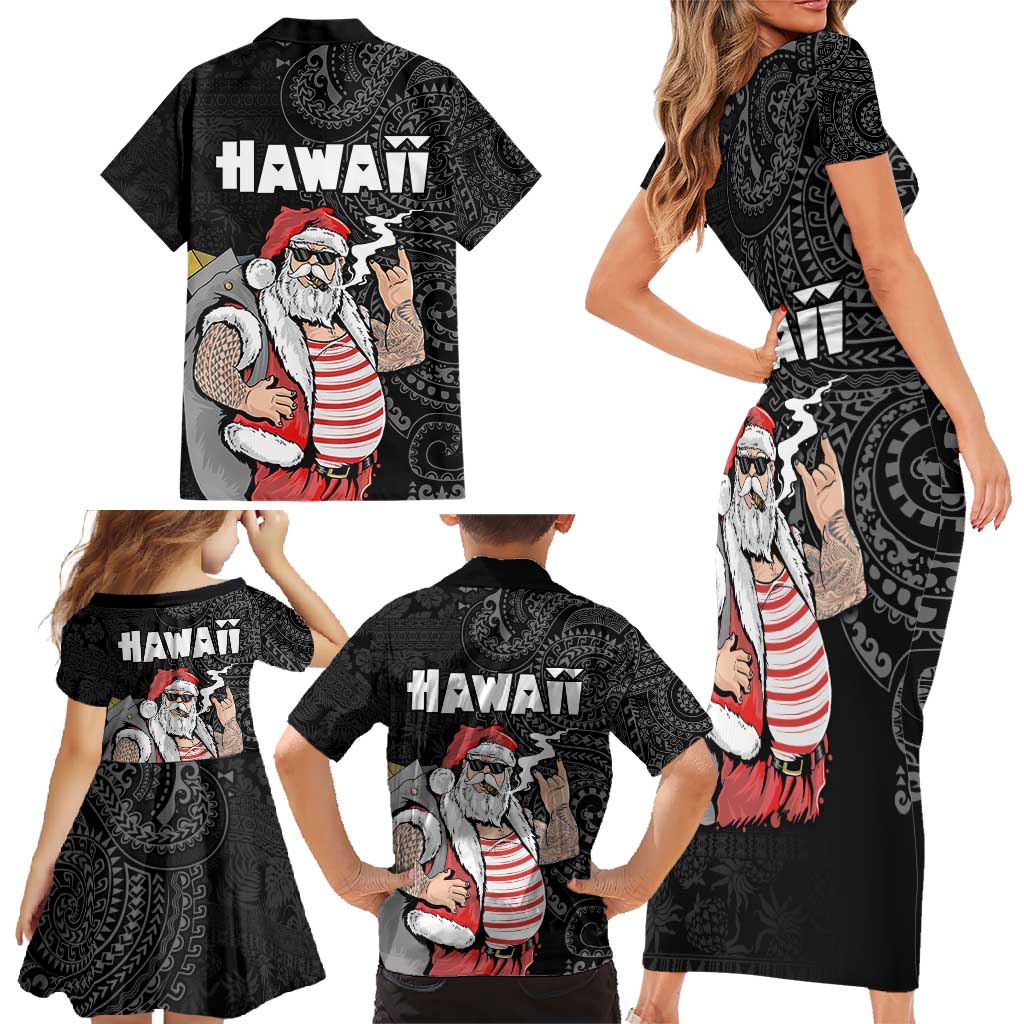 Hawaii Aloha Santa Claus Funny Polynesian Tattoo Family Matching Short Sleeve Bodycon Dress and Hawaiian Shirt Black Color
